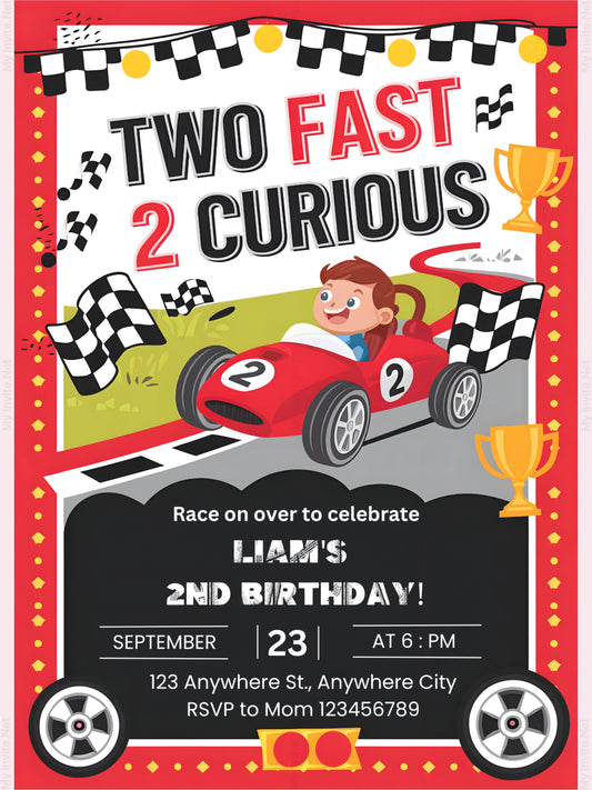 2 Fast 2 Curious Digital Birthday Invitation | Second Birthday Party Invite | Editable Canva Template