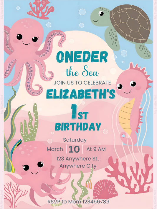 Under The Sea First Birthday Invitation, Oneder The Sea Birthday Invitation