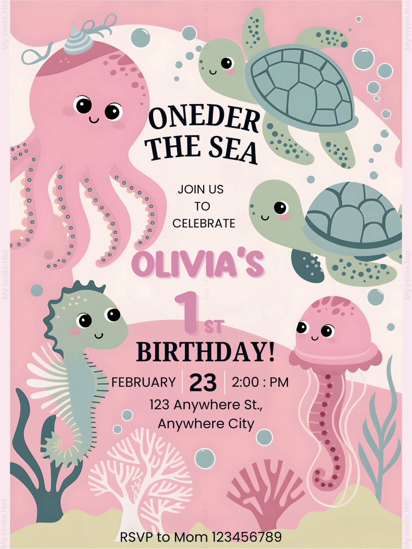 Oneder The Sea Birthday Invitation Template, 1st Birthday Party Invite, Under The Sea Theme,