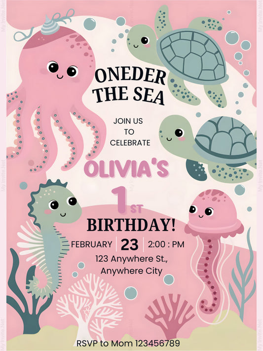 Oneder The Sea Birthday Invitation Template, 1st Birthday Party Invite, Under The Sea Theme,