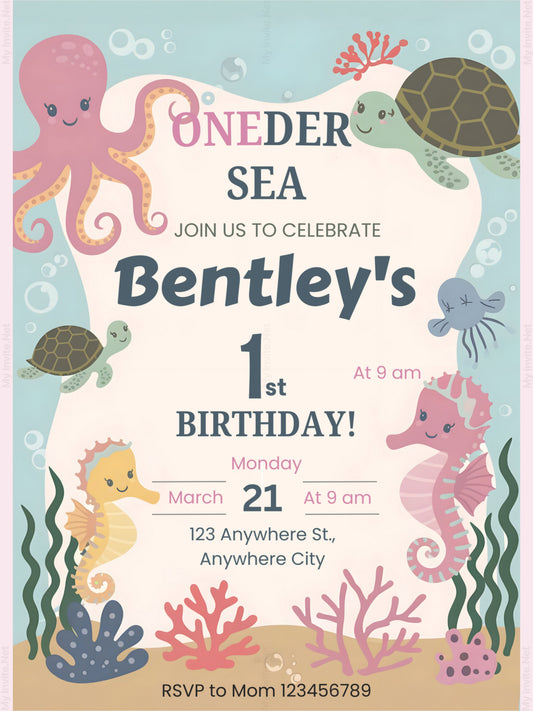 1st Birthday Party Invite, Under The Sea Theme, Oneder The Sea Birthday Invitation Template