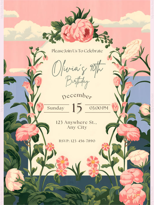 Greenery And Gold 90th Birthday Invitation