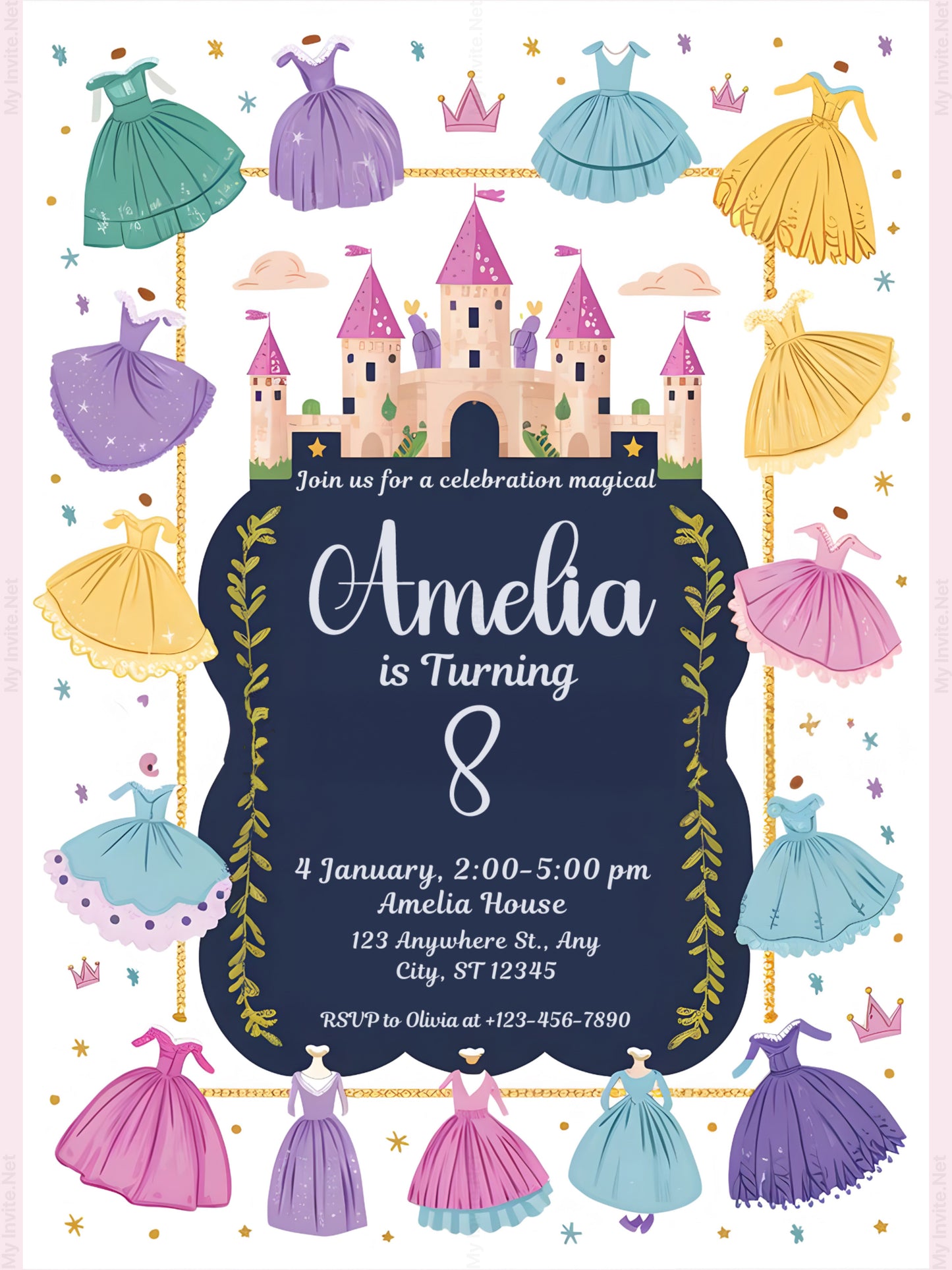 Princess Birthday Invitation Once Upon A Time Princess Dresses Invite Royal Girl Pink Dress Up Party Magical