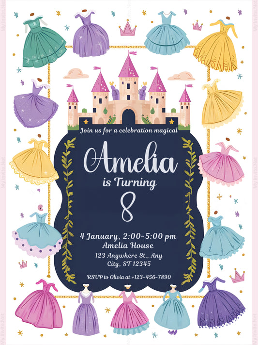 Princess Birthday Invitation Once Upon A Time Princess Dresses Invite Royal Girl Pink Dress Up Party Magical