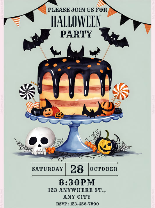 Halloween Party Birthday Invitations, Hand Drawn Halloween Cake