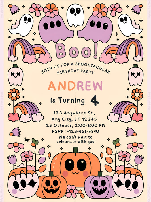 Pink Groovy Halloween Birthday Party Invitation Template