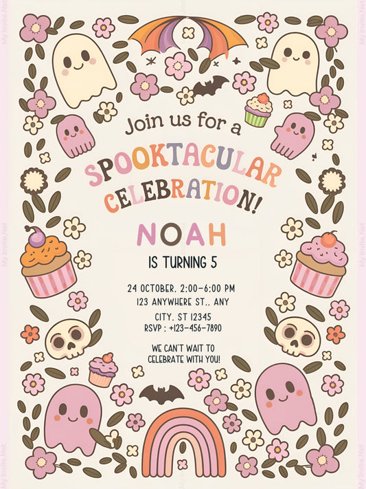 Cute Groovy Halloween Birthday Party Invitation Template