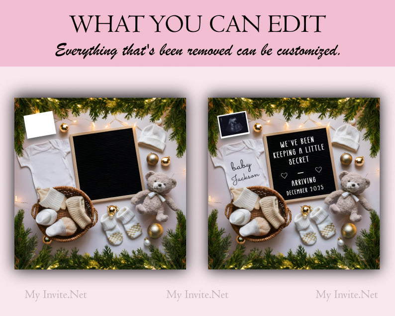 Sparkle and Shine: Christmas Pregnancy Reveal, Instant Editable Template