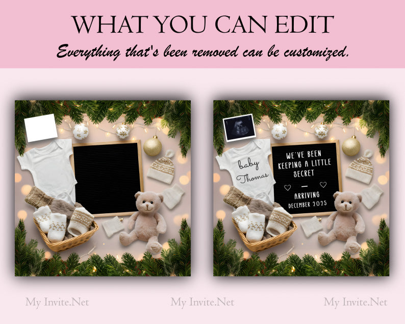 Unwrapping Our Holiday Surprise, Pregnancy Announcement, Instant Editable Template