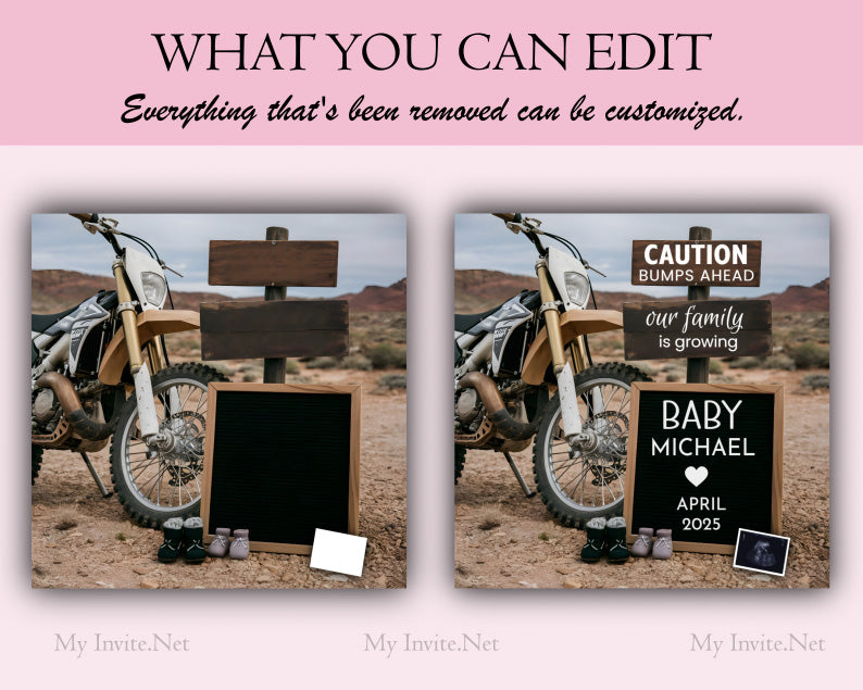Motorbike pregnancy announcement, Editable Template