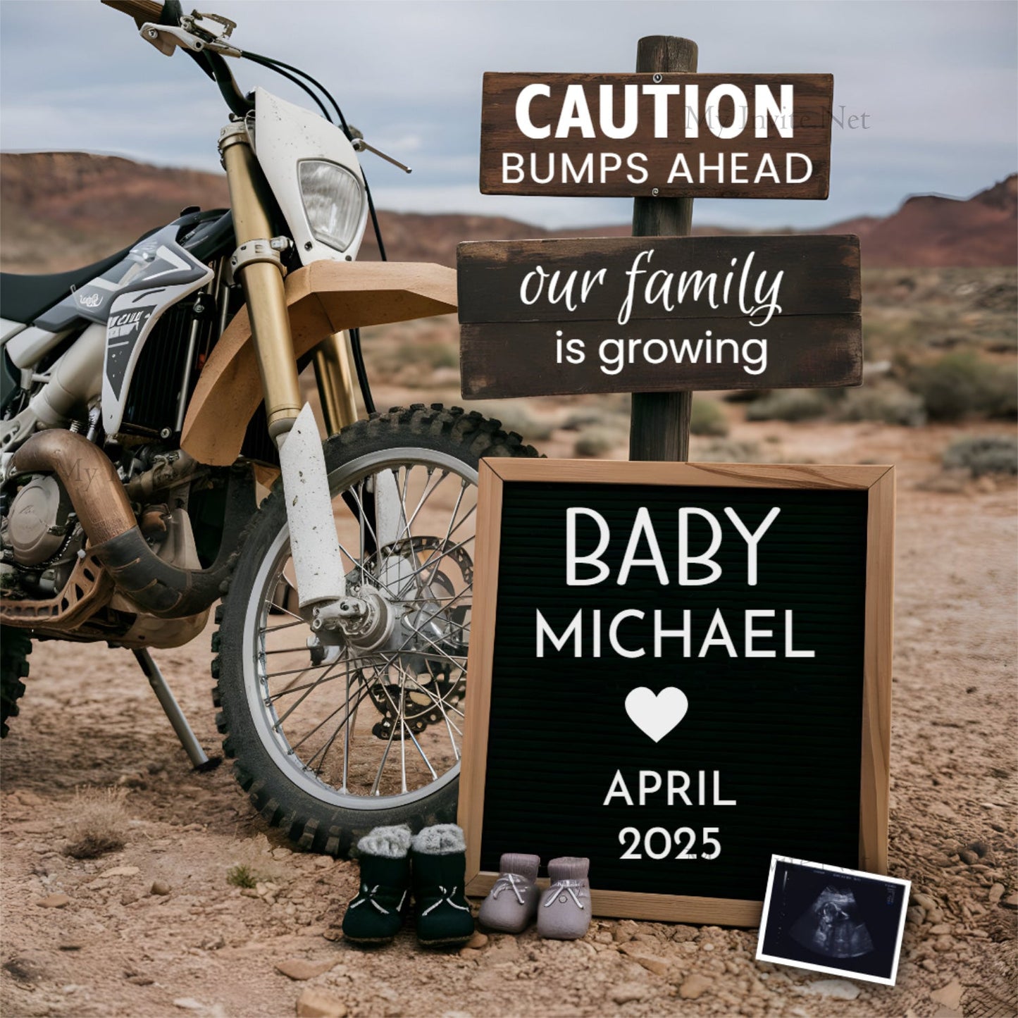 Motorbike pregnancy announcement, Editable Template