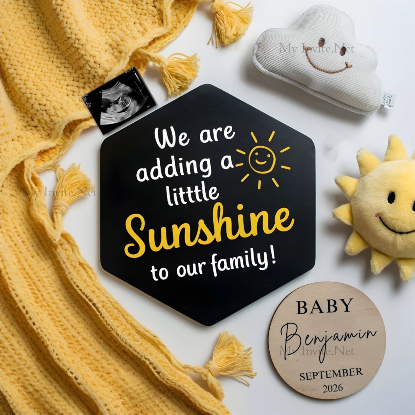 Canva Digital Baby Announcement Editable Template, Sunshine Pregnancy Announcement