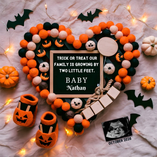 Halloween Pregnancy Announcement Digital, Halloween Baby Announcement Digital For Social Media, Trick or Treat Letter Board Heart, Editable