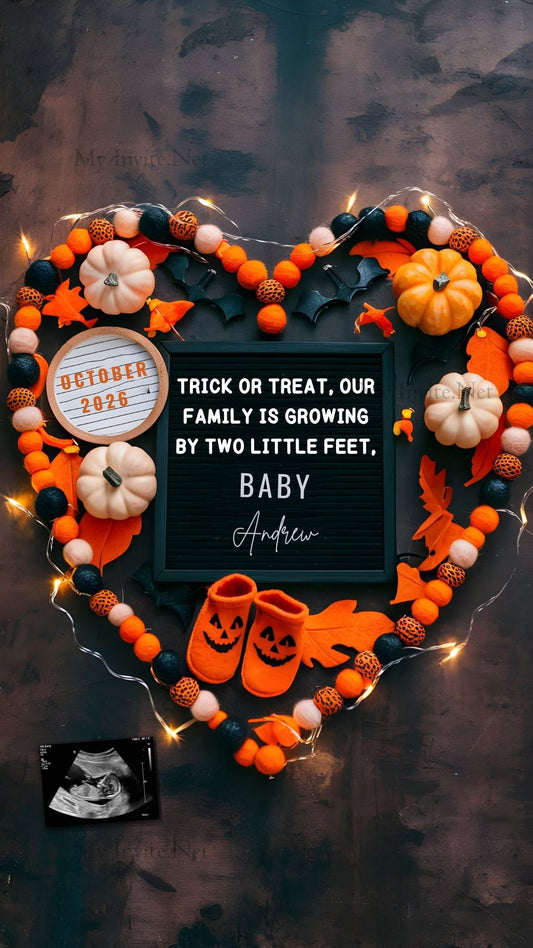 Halloween Baby Announcement Digital For Social Media, Trick or Treat Letter Board Heart, Editable