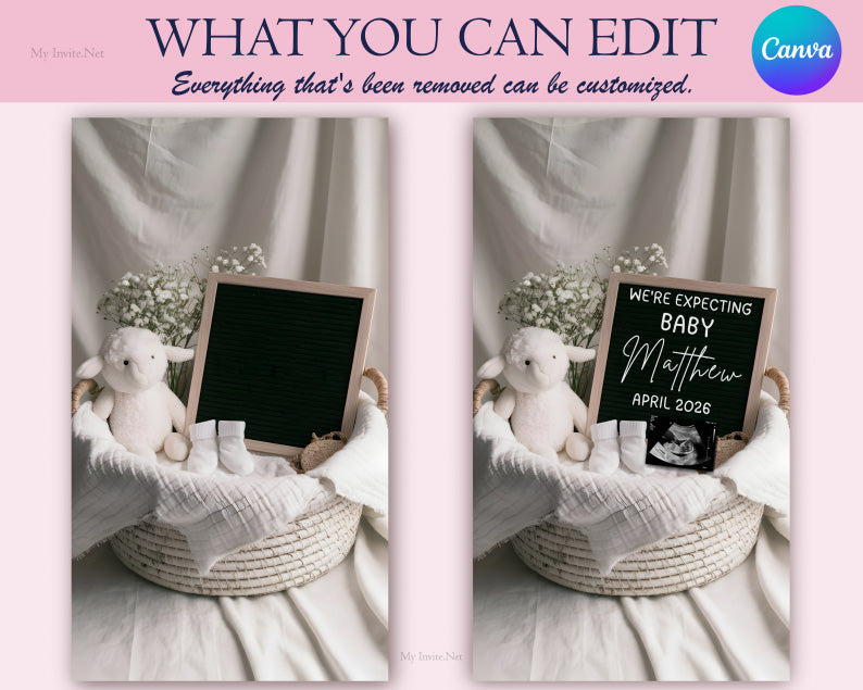 Cute Lamb Sheep Pregnancy Announcement for Social Media, Editable Letter Board Pregnancy Announcement