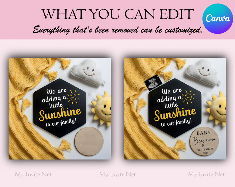 Canva Digital Baby Announcement Editable Template, Sunshine Pregnancy Announcement