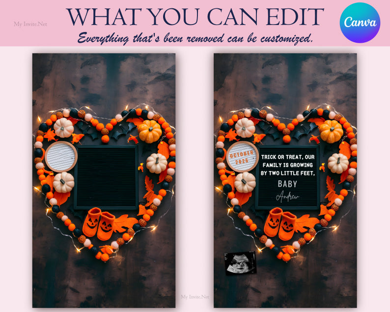 Halloween Baby Announcement Digital For Social Media, Trick or Treat Letter Board Heart, Editable