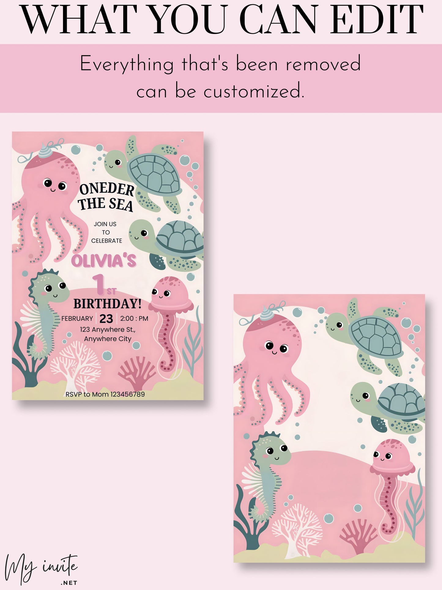 Oneder The Sea Birthday Invitation Template, 1st Birthday Party Invite, Under The Sea Theme,