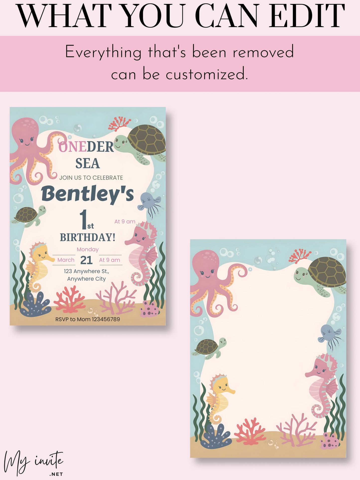 1st Birthday Party Invite, Under The Sea Theme, Oneder The Sea Birthday Invitation Template