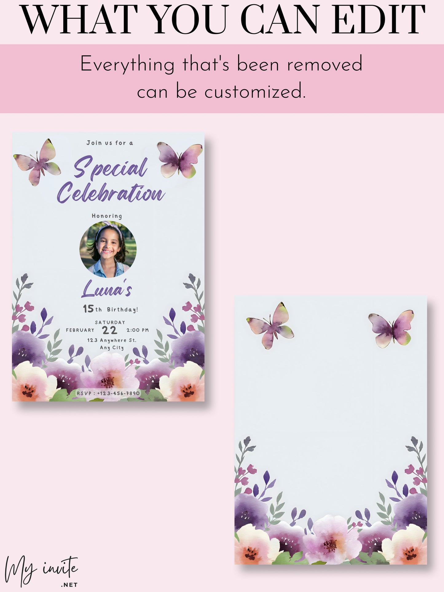 Editable Butterfly Birthday Butterfly Invitation