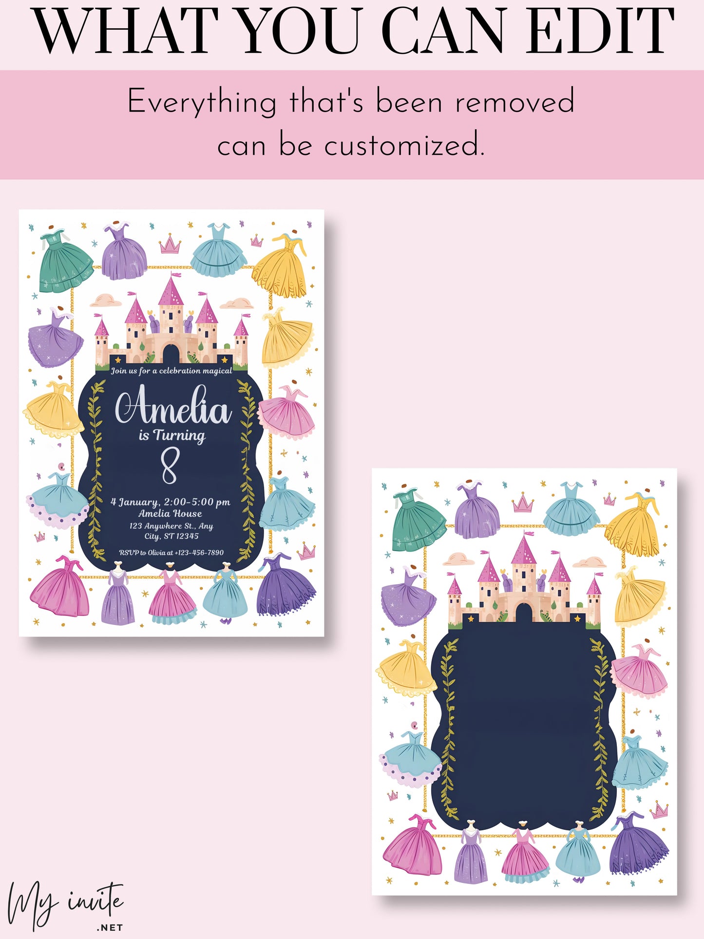 Princess Birthday Invitation Once Upon A Time Princess Dresses Invite Royal Girl Pink Dress Up Party Magical