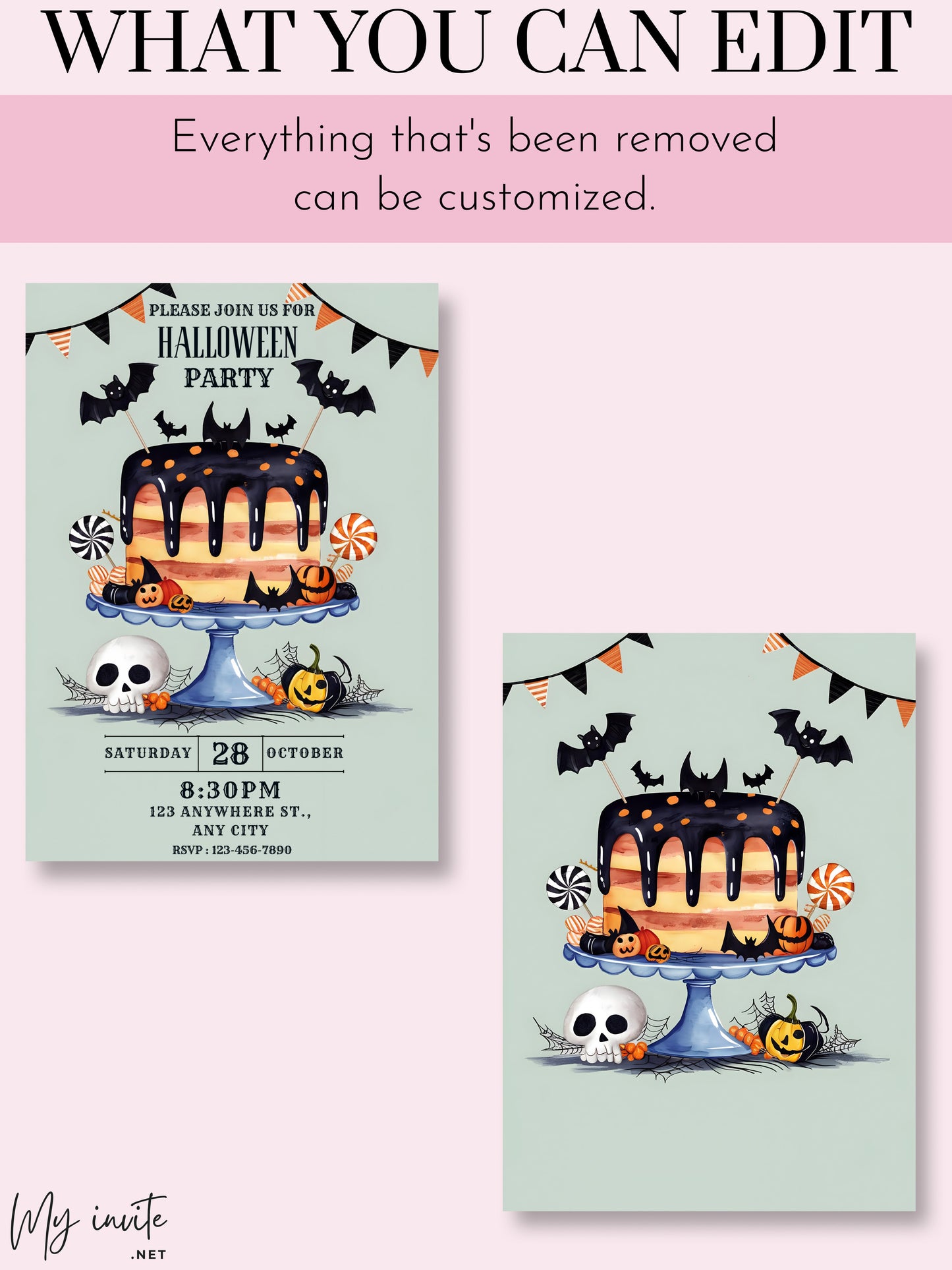 Halloween Party Birthday Invitations, Hand Drawn Halloween Cake